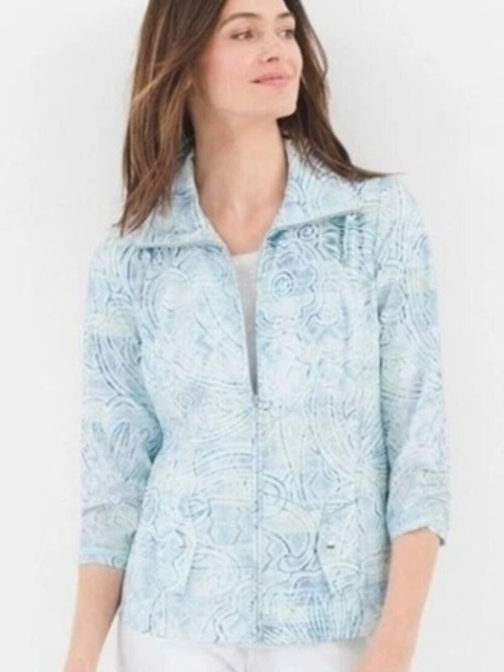 NWT Zenergy Neema Sz 2 L Blue Aqua 3/4 Sleeve Sunwash Print Chicos Jacket NEW
